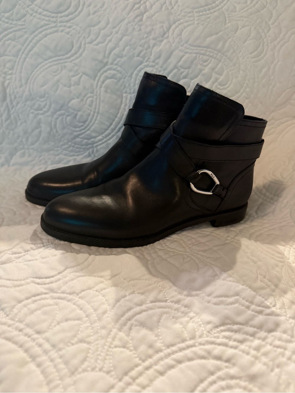 Lauren Ralph Lauren Hermione Black Leather Ankle Booties w/Silver Buckle Accent